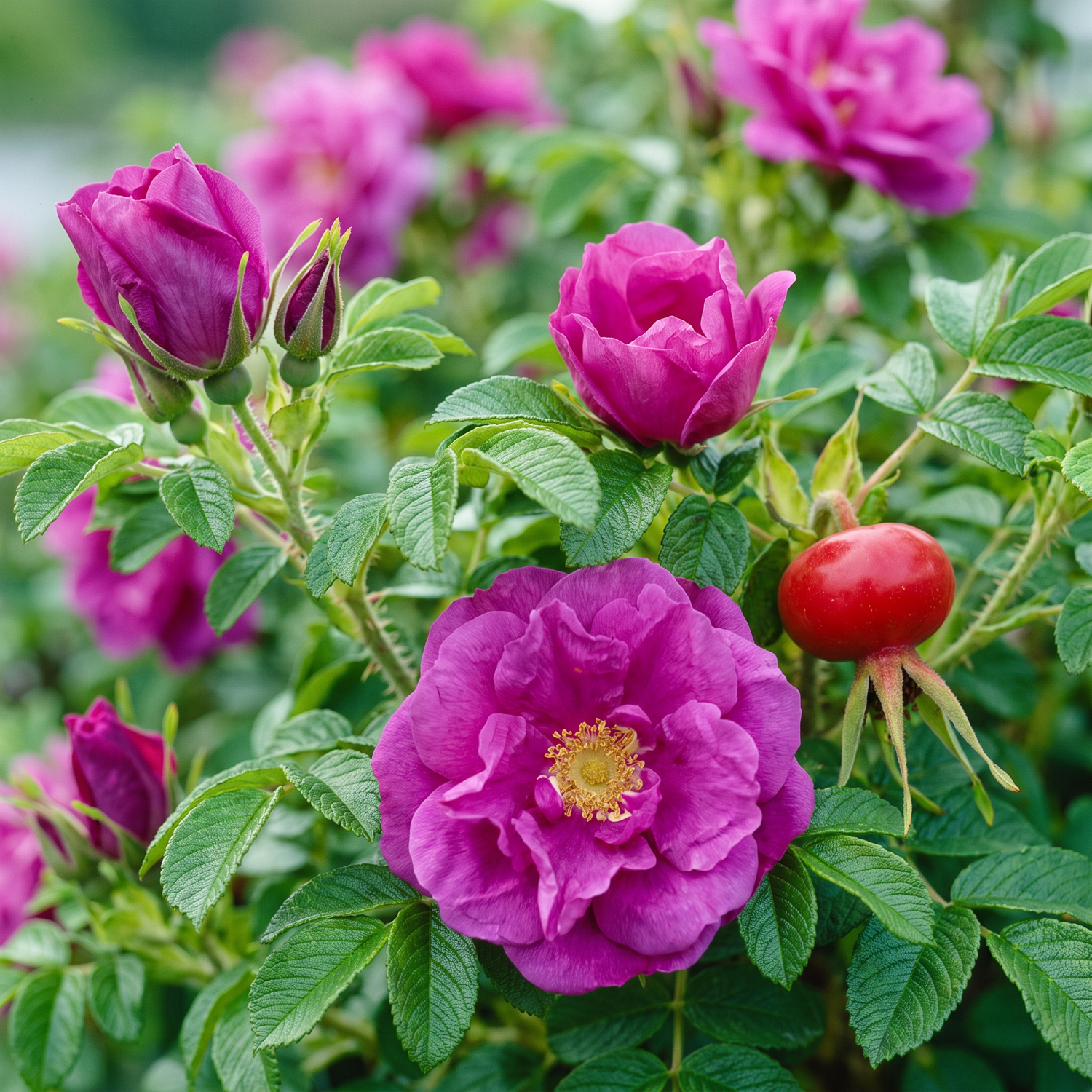 Rose 'Hansa' mit großen gefüllten Blüten in kräftigem Purpurrosa