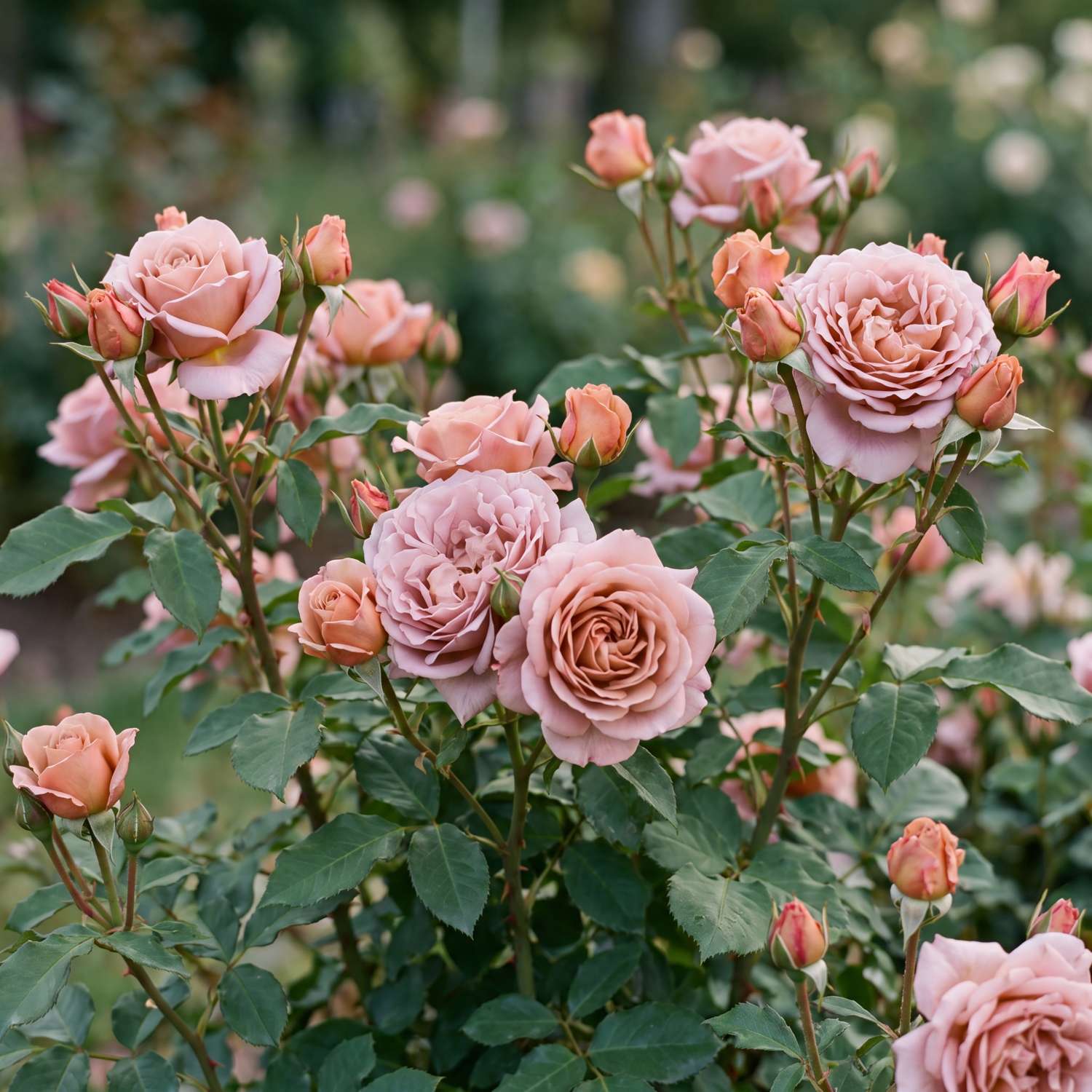 Rose 'Koko Loco' mit großen gefüllten Blüten in kaffeebraunen bis cremig rosa Tönen