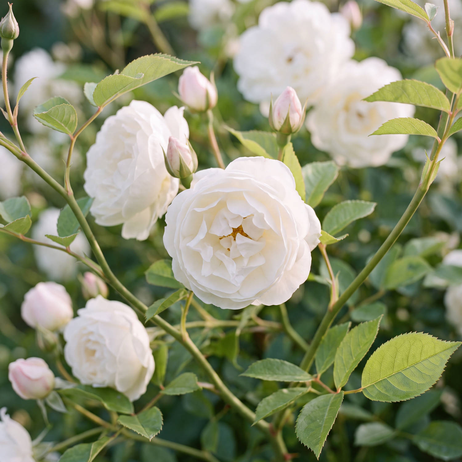 Rose 'Schneewittchen' mit reinweißen halbgefüllten Blüten in großen Dolden